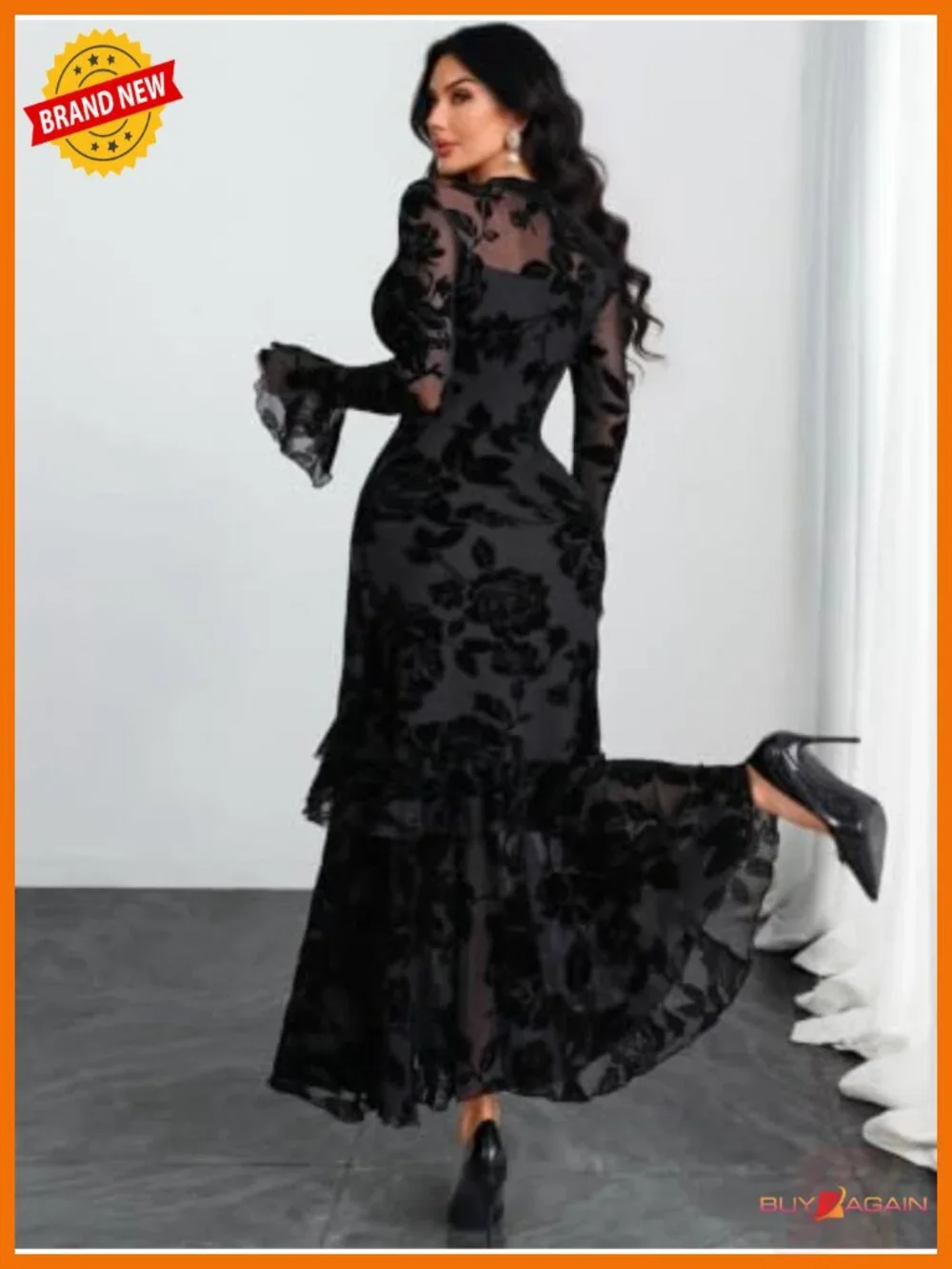 Women Floral Maxi Dress Bell Sleeve Mermaid Hem Wedding Guest Party